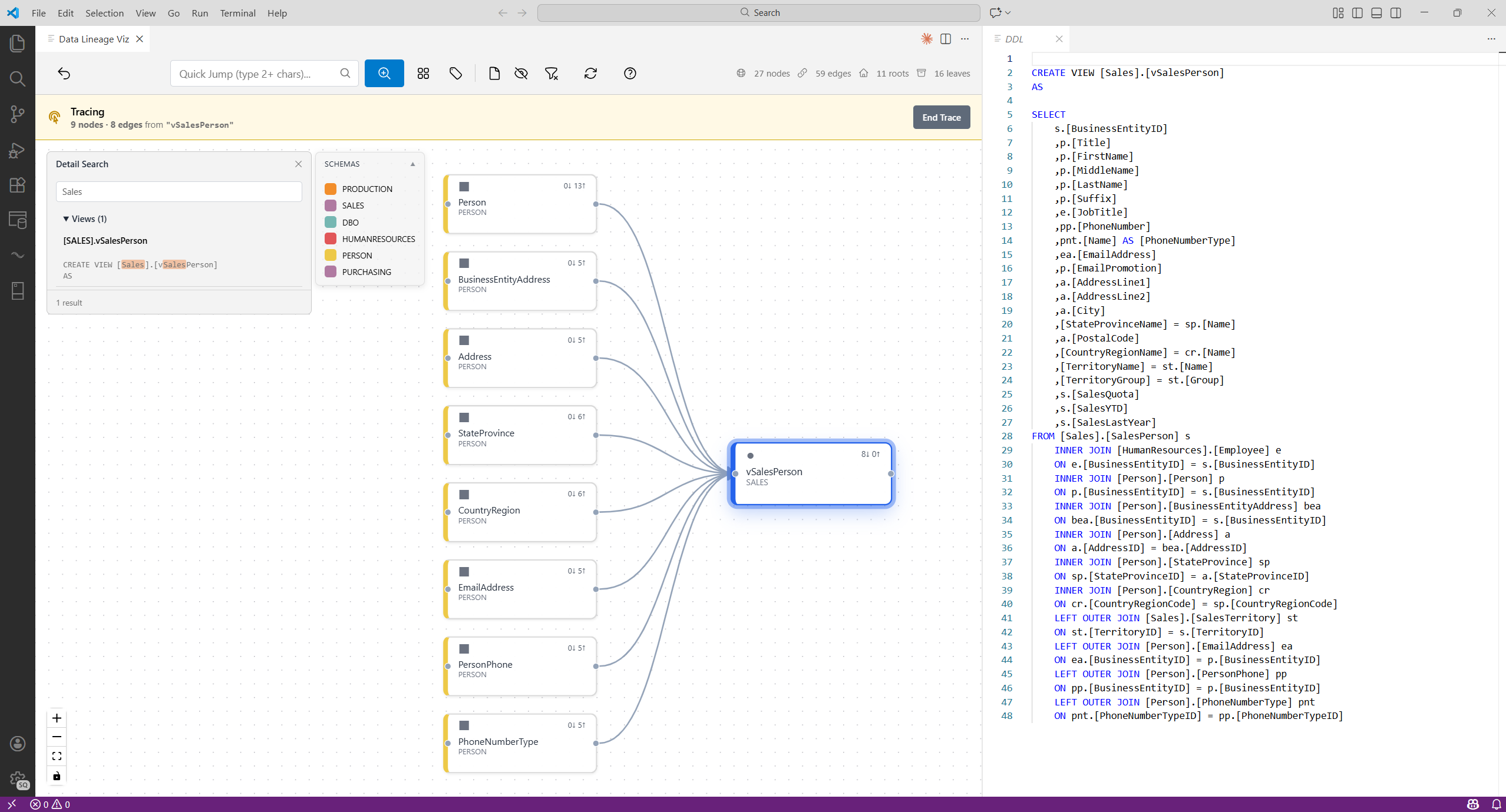 Detail Search panel with DDL viewer and schema filter